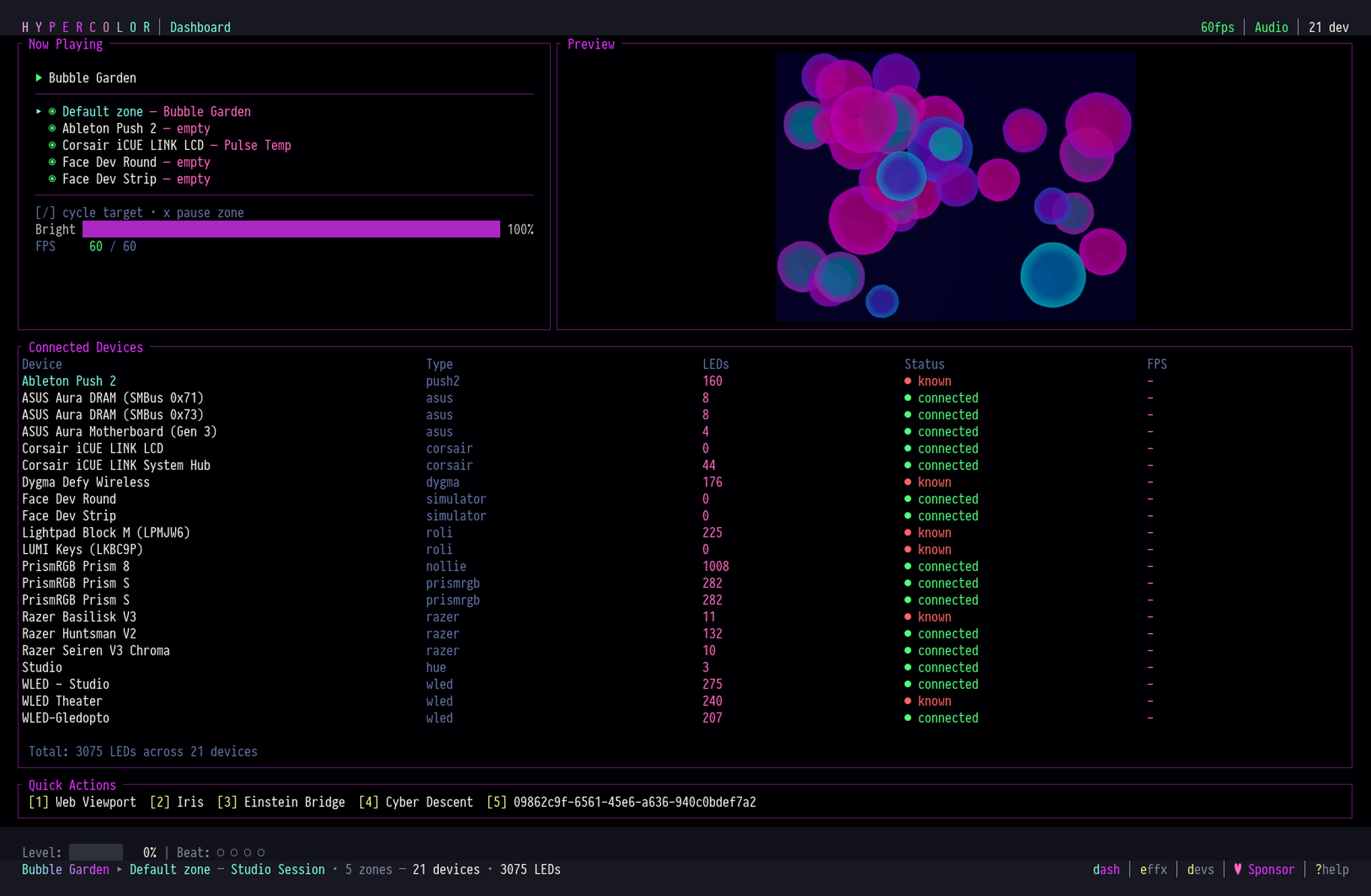 TUI dashboard with live preview and device table