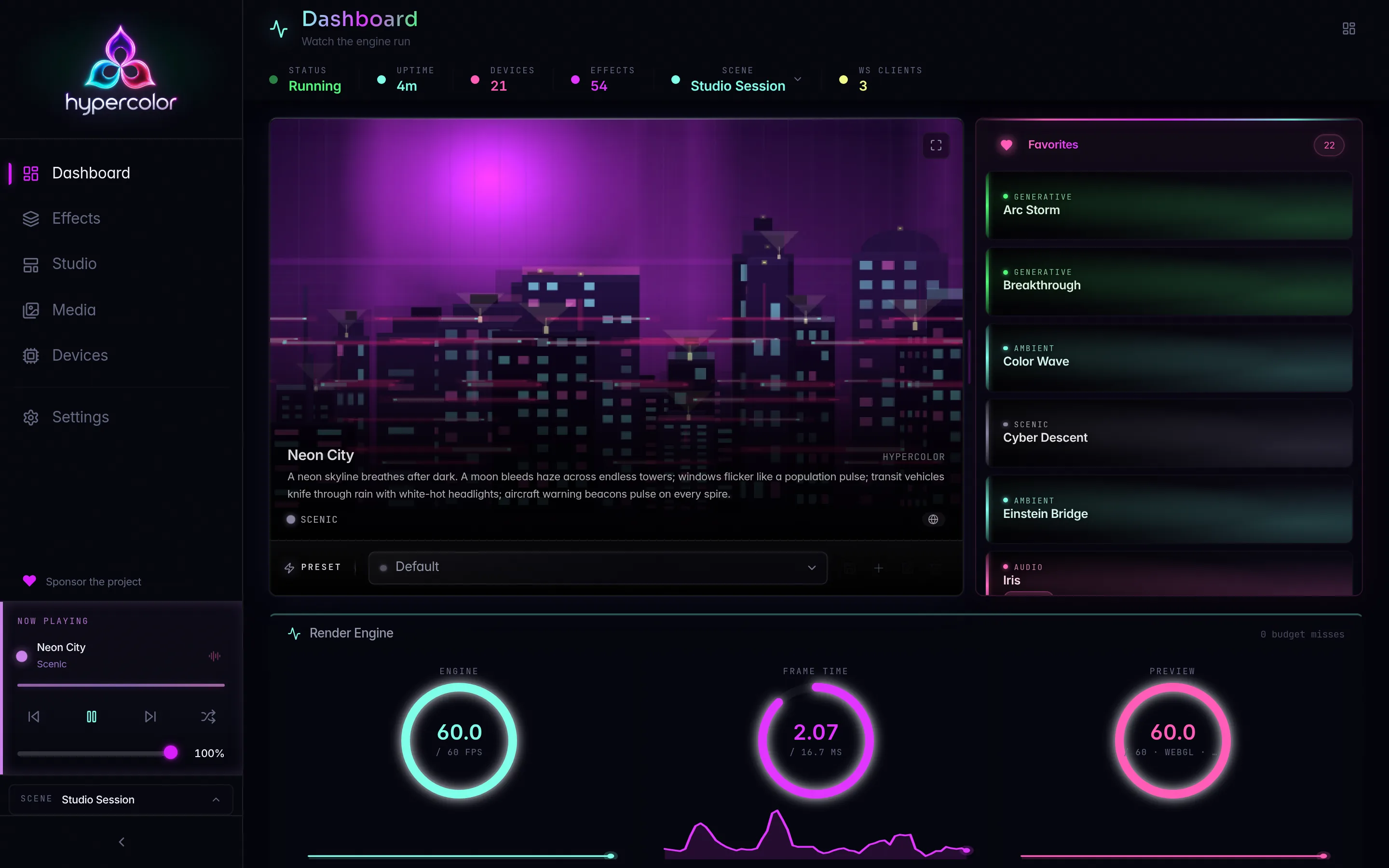 Hypercolor dashboard running the Neon City effect