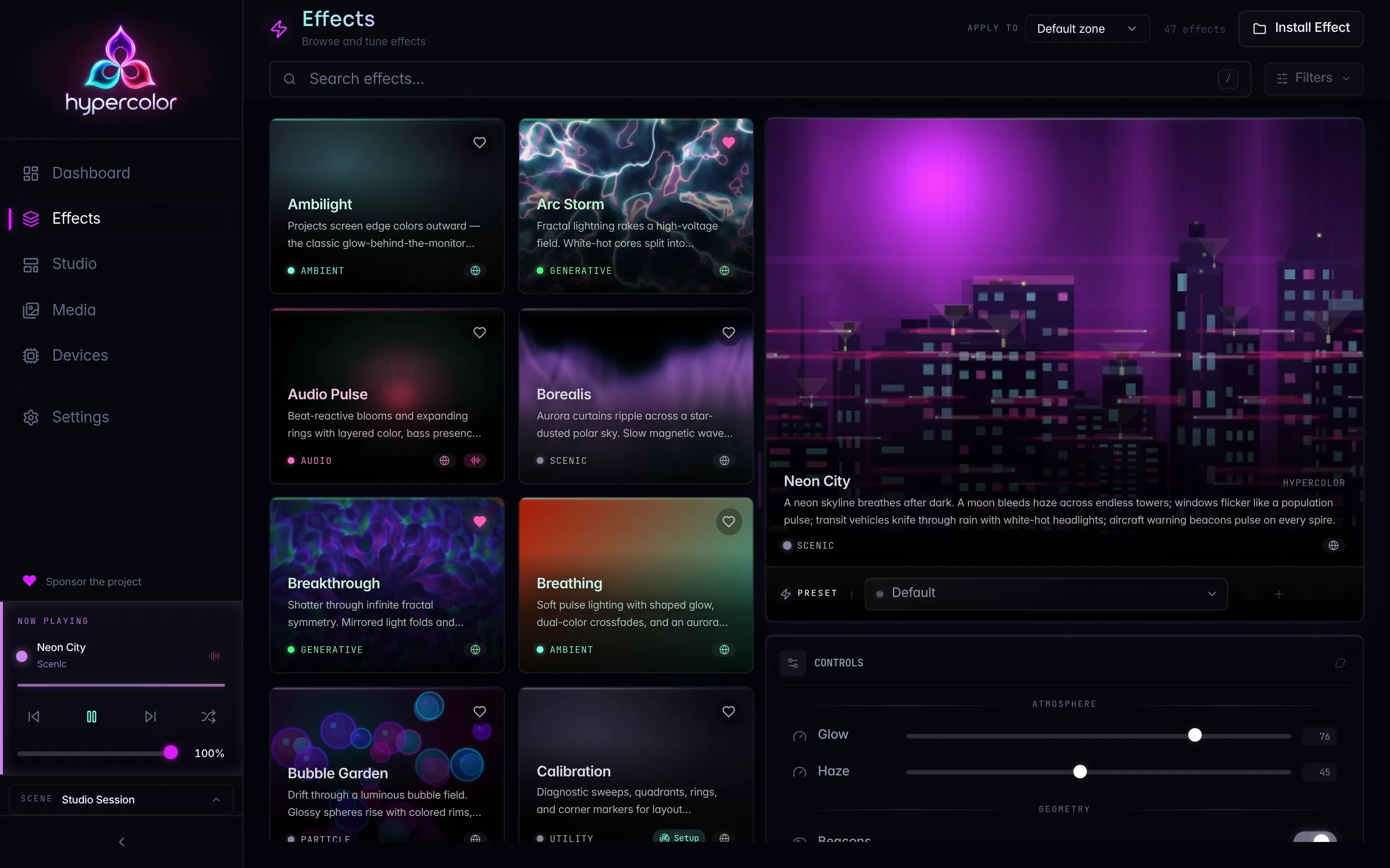 The Hypercolor effects browser