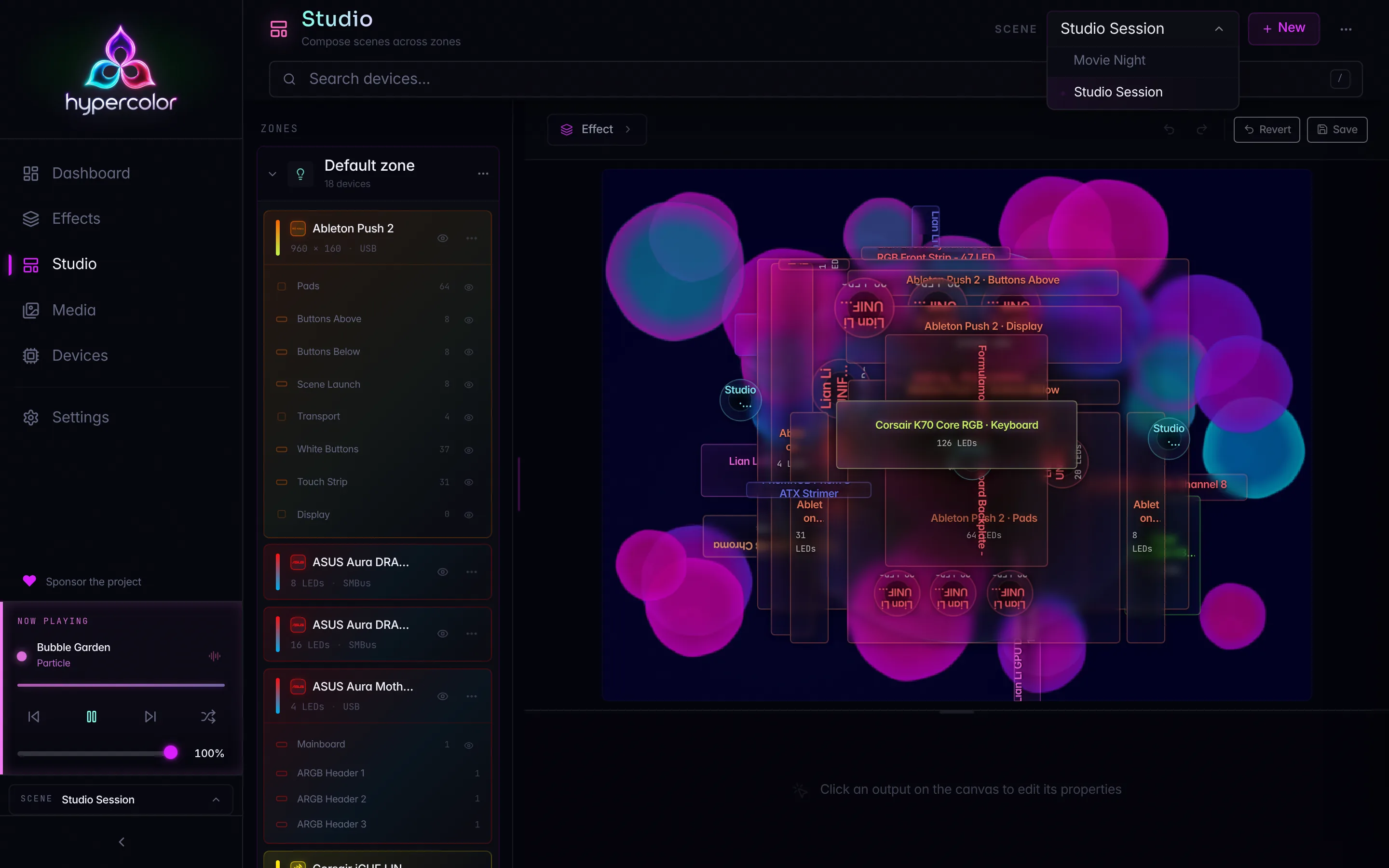 The scene switcher in the Hypercolor web UI